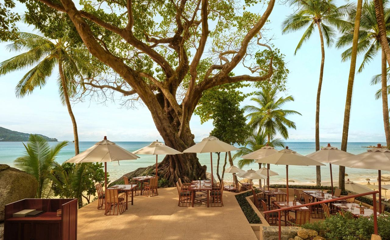 Tables under parasols and a great banyan by the beach at Amanpuri