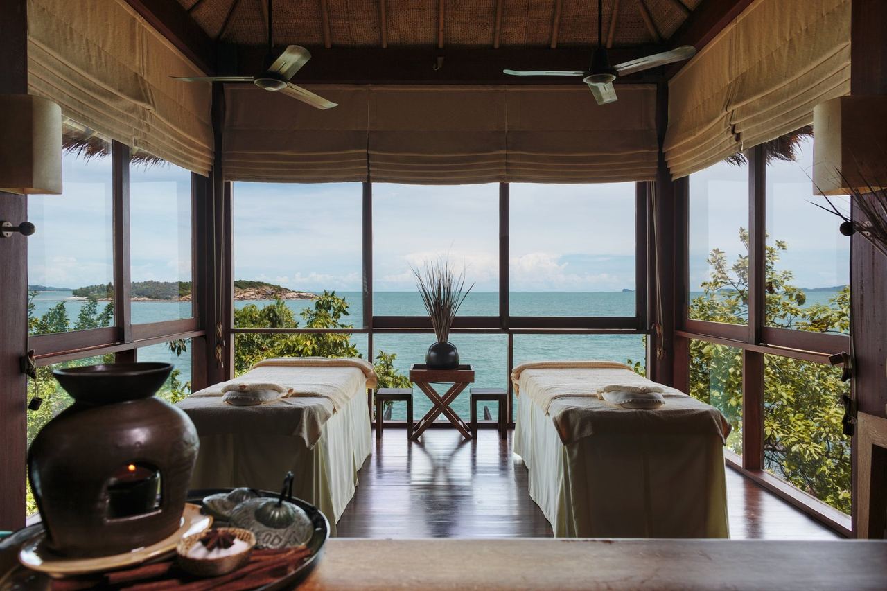 A treatment room at Six Senses Spa Samui, open to the sea