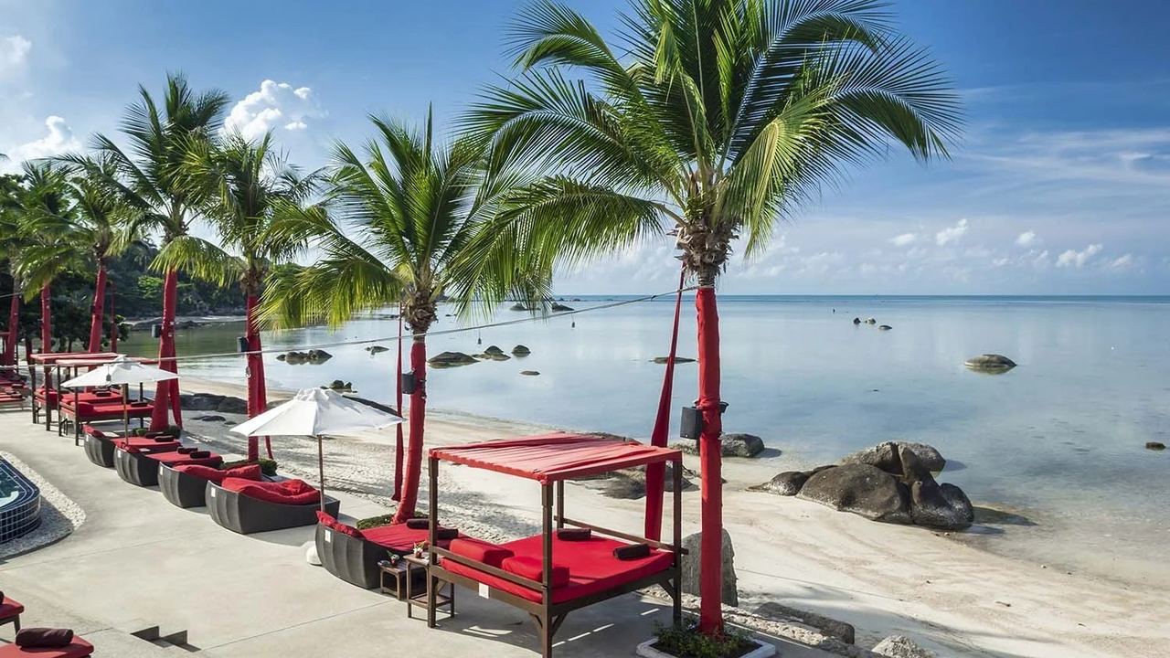 Red daybeds and palms along the beach terrace at Beach Republic