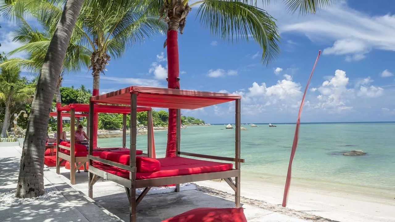 A red canopied daybed on the sand at Beach Republic under the palms